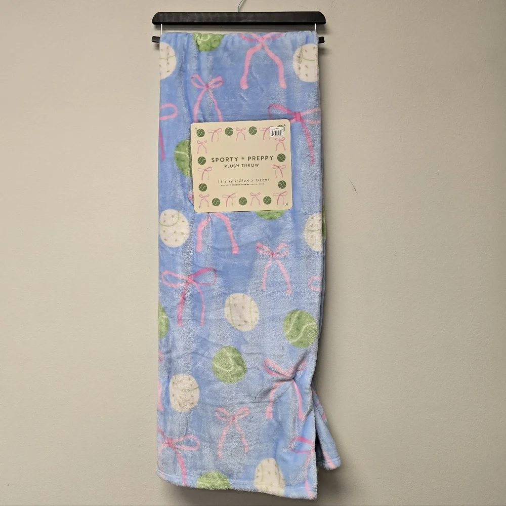 Sporty & Preppy Tennis Balls Bows Plush Throw Blanket Blue